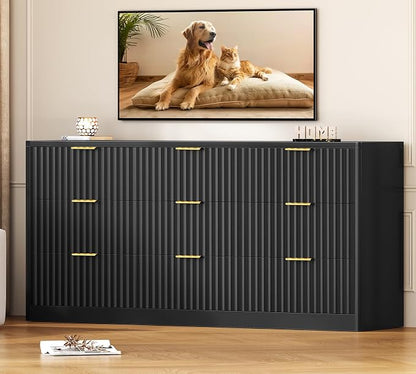 TEENFON Fluted Dresser for Bedroom with 9 Drawers, 63" Wide Modern Chest of Drawers with Metal Handle & Curved Profile Design, Wood Closet Clothes Storage Organizer for Living Room, Hallway, Black