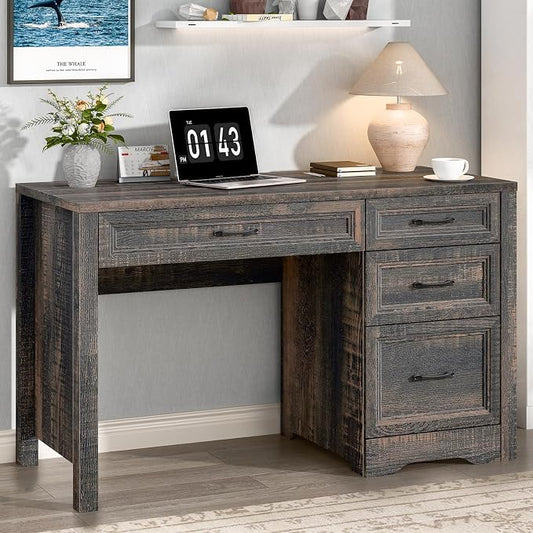 Vabches Farmhouse Executive Desk with Storage and Ample File Drawer, Rustic Large Home Writing Desk for Bedroom, Dark Oak