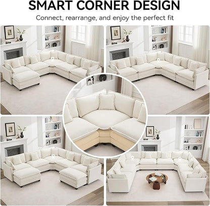 113'' V Shaped Cloud Sectional Sofa, Oversized Deep Seat Couches for Living Room, Chenille Comfy Upholstered Modular Sectional Sofa Couch, Beige