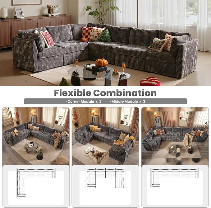 ovios Modular Sectional Sofa Couch with V-Shape Chaise Convertible, Comfy Plush Corduroy Cloud Couches, Modern Luxury Deep Seat Sofas Set for Living Room, 6-Seater, Grey