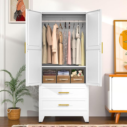 GAIOUS Metal Wardrobe Cabinet with Hanging Rod, Clothing Storage Cabinets | with 2 Door, 1 Adjustable Shelf and 2 Drawers, 71" Steel Armoire Wardrobe Closet for Bedroom, Gym, Cloak Room (White)