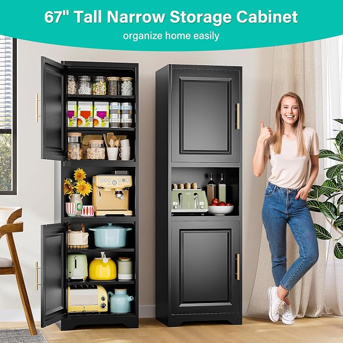 SISESOL 67" Tall Narrow Storage Cabinet with 2 Door and 7 Shelves,Slim Kitchen Pantry Cabinet,Black Metal Bathroom Cabinets,Large Cupboard for Home,Kitchen,Laundry,Bathroom