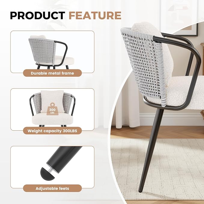 Rattan Dining Chairs Set of 4, Modern Upholstered Kitchen Chair with Metal Legs, Ergonomic Curved Backrest, Mid Century Living Room Chairs with Throw Pillow for Home, Light Grey