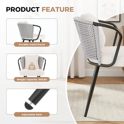 Rattan Dining Chairs Set of 2, Upholstered Kitchen Chair with Metal Legs, Ergonomic Curved Backrest, Mid Century Modern Living Room Chairs with Throw Pillow, Light Grey
