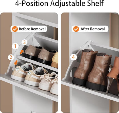 Shoe Storage Cabinet, Wood Shoe Organizer for Entryway with 3 Flip Drawers, Freestanding Shoe Rack with Adjustable Shelf, Narrow Shoe Dresser for Front Door Entrance (White, Tall 3 Drawers)