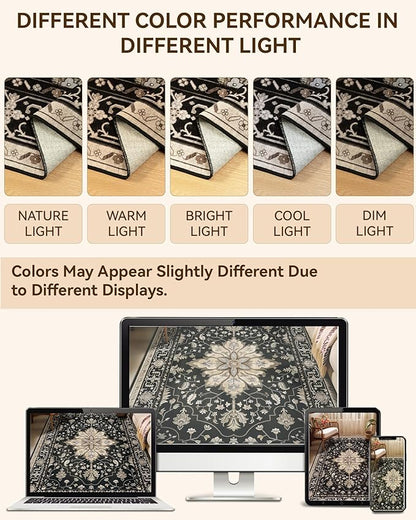RELEANY Area Rugs Runner 2'x10' Washable Non-Slip, Floral Vintage Distress Medallion Carpet for Kitchen Hallway Bedroom Beside Laundry Room Bathroom, Black Brown Neutral Dark Tan