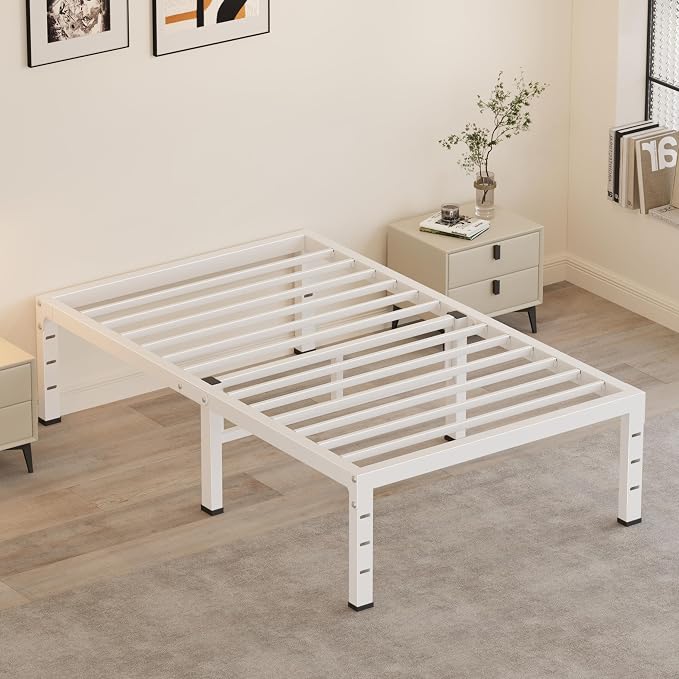 14 Inch Twin Bed Frames, Heavy Duty Metal Platform 3500 lbs Capacity, No Box Spring Needed, 6 Mattress Slide Stopper, Headboard Holes, Noise-Free, Easy Assembly, White