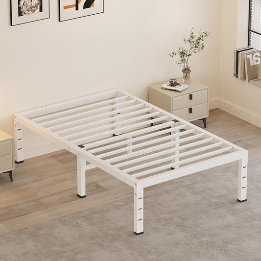 14 Inch Twin Bed Frames, Heavy Duty Metal Platform 3500 lbs Capacity, No Box Spring Needed, 6 Mattress Slide Stopper, Headboard Holes, Noise-Free, Easy Assembly, White