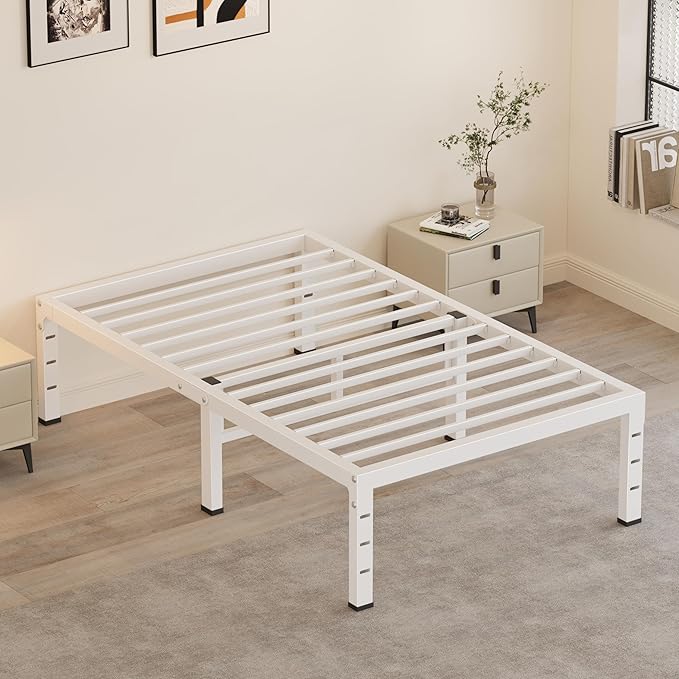 18 Inch Twin Bed Frames, Heavy Duty Metal Platform 3500 lbs Capacity, No Box Spring Needed, 6 Mattress Slide Stopper, Headboard Holes, Noise-Free, Easy Assembly, White
