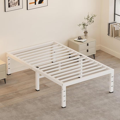 18 Inch Twin Bed Frames, Heavy Duty Metal Platform 3500 lbs Capacity, No Box Spring Needed, 6 Mattress Slide Stopper, Headboard Holes, Noise-Free, Easy Assembly, White