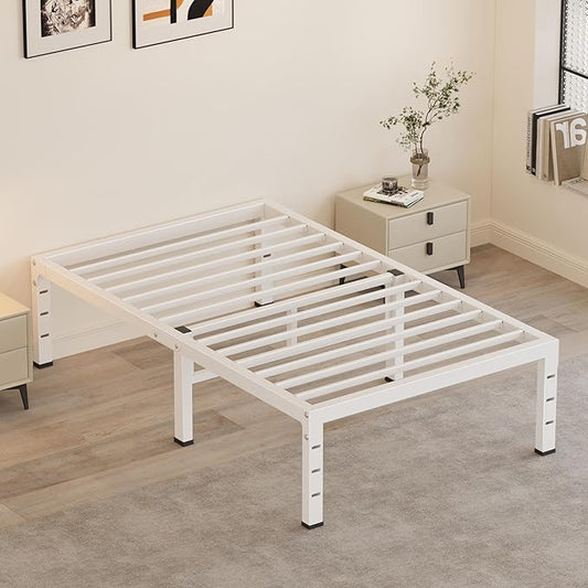 18 Inch Twin Bed Frames, Heavy Duty Metal Platform 3500 lbs Capacity, No Box Spring Needed, 6 Mattress Slide Stopper, Headboard Holes, Noise-Free, Easy Assembly, White
