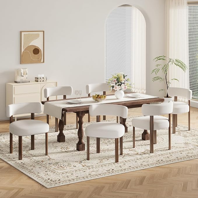 Wooden Dining Chairs Set of 6, Upholstered Kitchen Chairs with Solid Wood Legs, Mid Century Dining Room Chair with Ergonomic Curved Backrest for Kitchen Dining Vanity, Beige