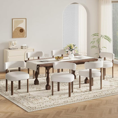 Wooden Dining Chairs Set of 6, Upholstered Kitchen Chairs with Solid Wood Legs, Mid Century Dining Room Chair with Ergonomic Curved Backrest for Kitchen Dining Vanity, Beige