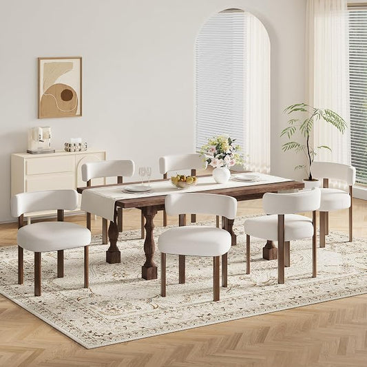 Wooden Dining Chairs Set of 6, Upholstered Kitchen Chairs with Solid Wood Legs, Mid Century Dining Room Chair with Ergonomic Curved Backrest for Kitchen Dining Vanity, Beige