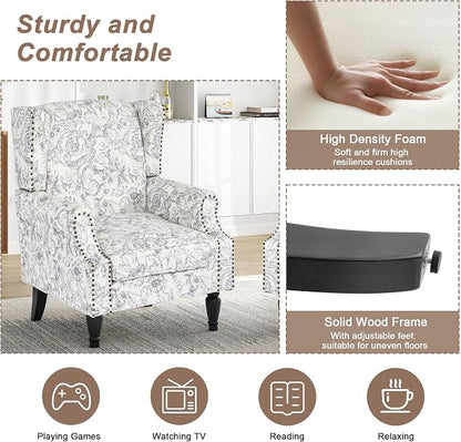 Pia Ricco High Back Floral Accent Chair - Retro Wingback Upholstered Armchair with Nailhead Trim, Solid Wood Legs, Fabric Living Room Bedroom Reading Chair (Rococo Light Gray)