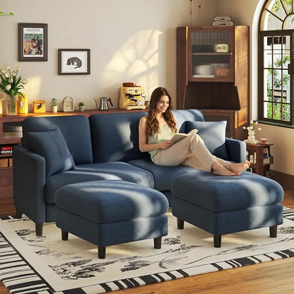 Welzona 83" Couches for Living Room, Teddy Sofa Couch with Storage Ottomans, U Shaped Couch with Movable Ottomans, Tool-Free Modular Sectional Sofa, All-Wood Sofas for Living Room 2 Pillows, Blue Grey