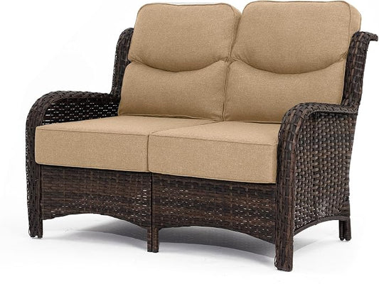 HILLGA Luxury Outdoor Furniture High Back Patio Sofa, Oversized Loveseat with 6'' Thick Cushions, Ideal for Porch, Poolside, Deck, and Yard (Beige)