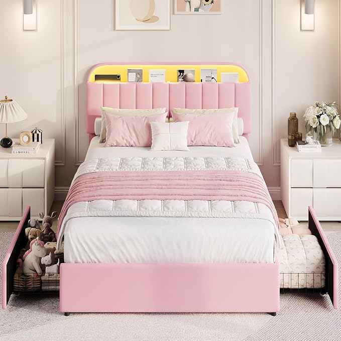 GarveeHome Full Bed Frame with Storage Headboard, Kids Bed Frame with 2 Drawers, Velvet Upholstered Platform Bed Frame with Lights, No Box Spring Needed, Easy Assembly, Velvet Pink