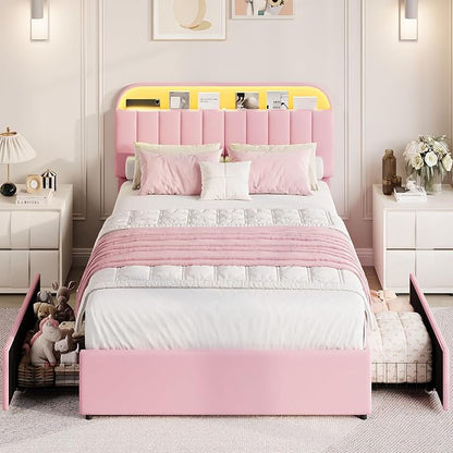GarveeHome Queen Bed Frame with Storage Headboard, Kids Bed Frame with 2 Drawers, Velvet Upholstered Platform Bed Frame with Lights, No Box Spring Needed, Easy Assembly, Velvet Pink