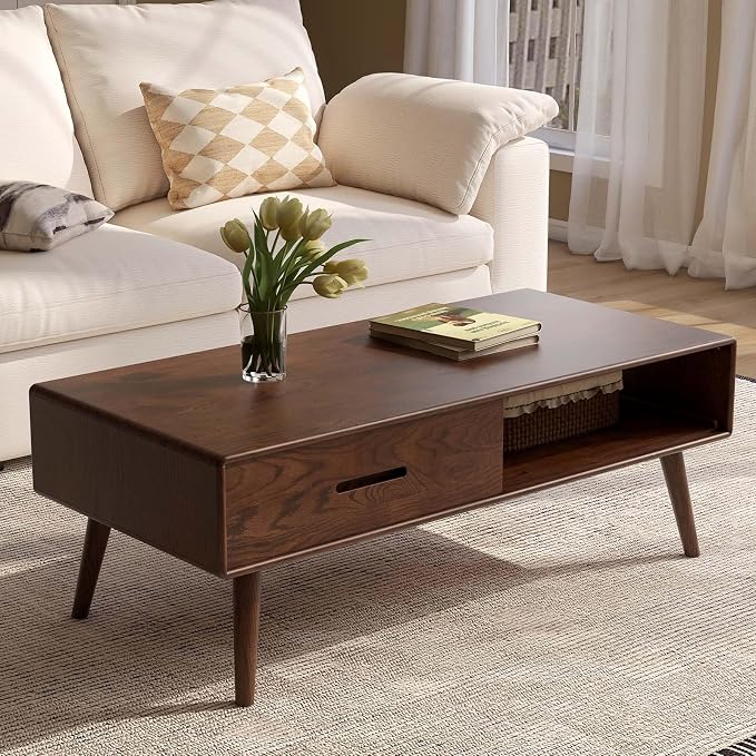 100% Solid Wood Coffee Table for Living Room, 47.24" W Oak Coffee Table with Storage Shelf and 2 Drawers, Mid-Century Modern Coffee Tables for Home (Oak Walnut Colour)