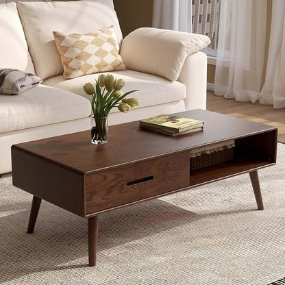100% Solid Wood Coffee Table for Living Room, 47.24" W Oak Coffee Table with Storage Shelf and 2 Drawers, Mid-Century Modern Coffee Tables for Home (Oak Walnut Colour)