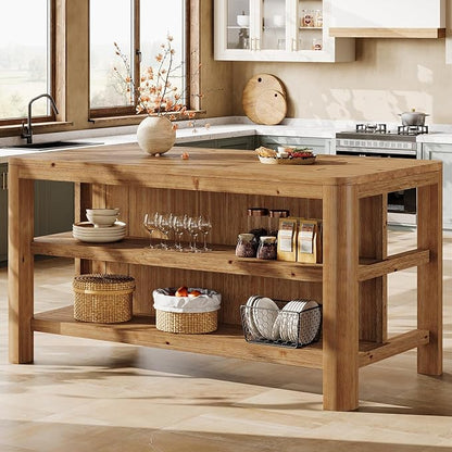 63-Inch Solid Wood Kitchen Island with Storage Shelves, Farmhouse Island Table with Seating, Counter Height Bar Table for Dining Room, Kitchen, Easy to Assemble, Natural Wood