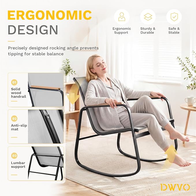 DWVO 4-Piece Patio Furniture Set, Textilene Conversation Set with Wooden Armrest Rocking Chairs and Tempered Glass Table for Indoor Outdoor Patio Lawn Garden Poolside, Grey