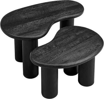 Modway Hackney Mango Wood Nesting Coffee Table Set in Black - 2 Piece Kidney-Shaped Wood Coffee Table for Living Room