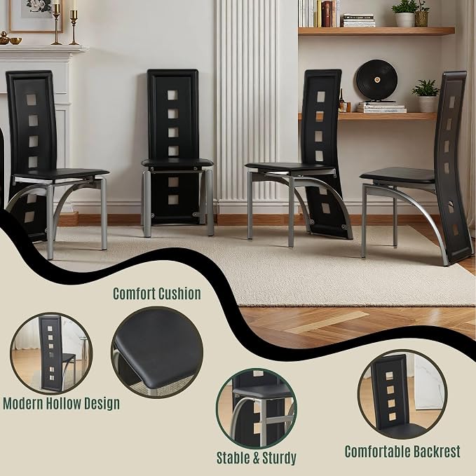 Karl home Dining Chairs Set of 4, PU Leather & Hollow High Back, Black | Black kitchen chairs with padded seats & foot cap protection for dining kitchen living room,300lbs capacity,space-saving