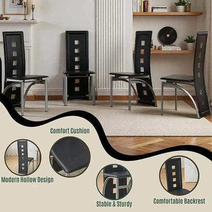 Karl home Dining Chairs Set of 4, PU Leather & Hollow High Back, Black | Black kitchen chairs with padded seats & foot cap protection for dining kitchen living room,300lbs capacity,space-saving