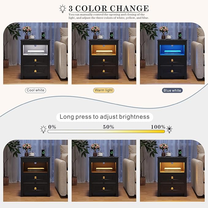 TAGELIER Night Stand Set 2 with Gun Drawer, Farmhouse Bedside Table with Charging Station, Gun Nightstand with LED Light & Human Sensor, Smart End Table for Bedroom, Black