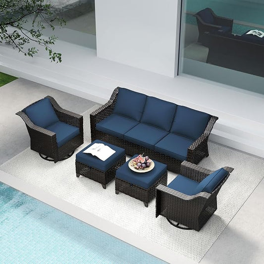 5 Pieces Patio Conversation Furniture Set - 1 Sofa, 2 Swivel Chairs, 2 Ottomans, Outdoor Wicker Furniture with Removable Cushions for Porch, Balcony, Sunroom (Blue)