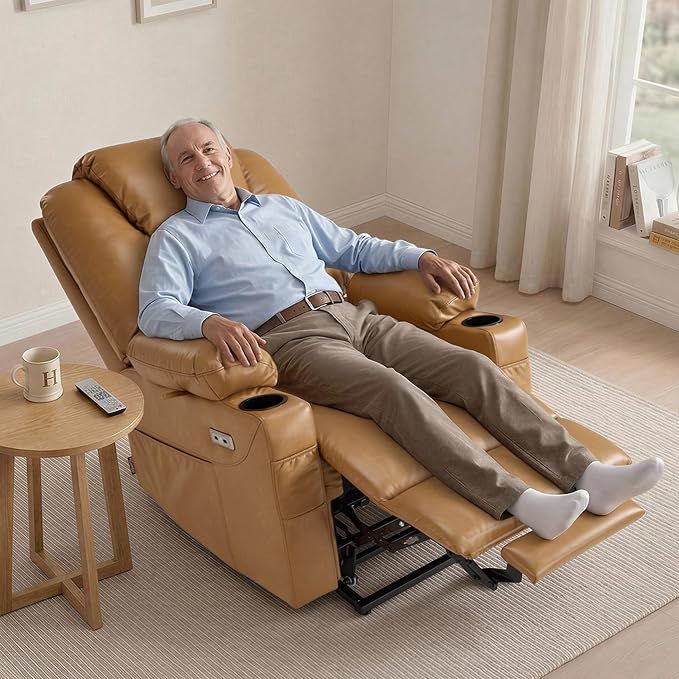 MCombo Power Lift Recliner Chair for Elderly 7516(Tawny, Large) | Heat and Massage, Breathable Faux Leather, USB& Type C Charging Port, FSC Certified
