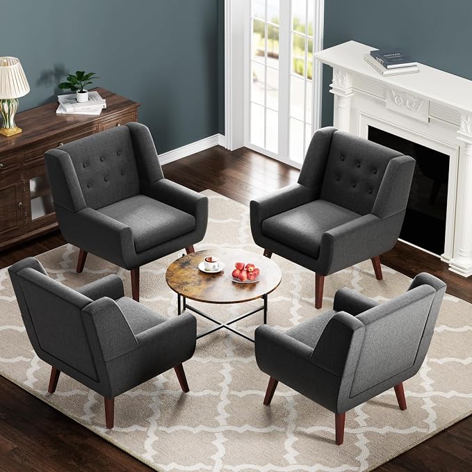 HUIMO Accent Chairs Set of 4, Upholstered Button Tufted Armchair, Linen Fabric Sofa Chairs for Bedroom, Living Room, Mid Century Modern Comfy Reading Chair (4 PCS, Grey)