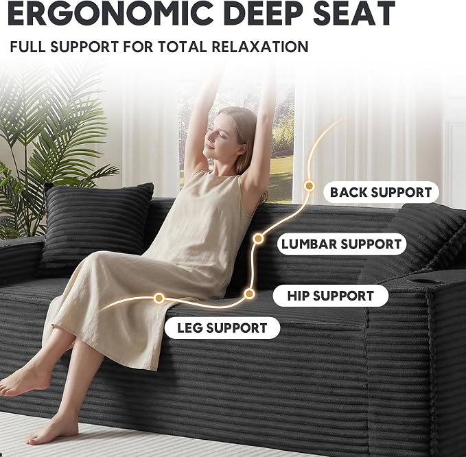 Boneless Sectional Sofa 3 Piece Set with Cup Holders & Side Pockets, Modern Corduroy Fabric Deep Seat Cloud Couch Living Room, Office, No Assembly (Grey)