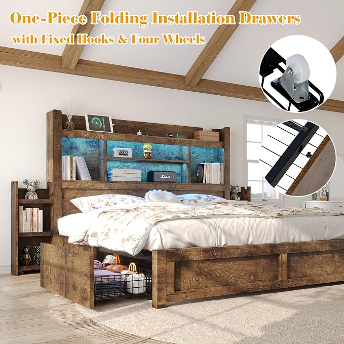 LUXOAK King Bed Frame with 49.6" Bookcase Headboard & 2 Bedside Stoage Racks & 4 Drawers, Farmhouse Wood Bed Frame with RGB LED & Charging Station, No Box Spring Needed, Rustic Brown
