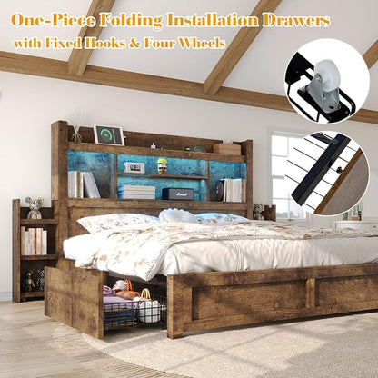 LUXOAK Full Bed Frame with 49.6" Bookcase Headboard & 2 Bedside Stoage Racks & 4 Drawers, Farmhouse Wood Bed Frame with RGB LED & Charging Station, No Box Spring Needed, Rustic Brown