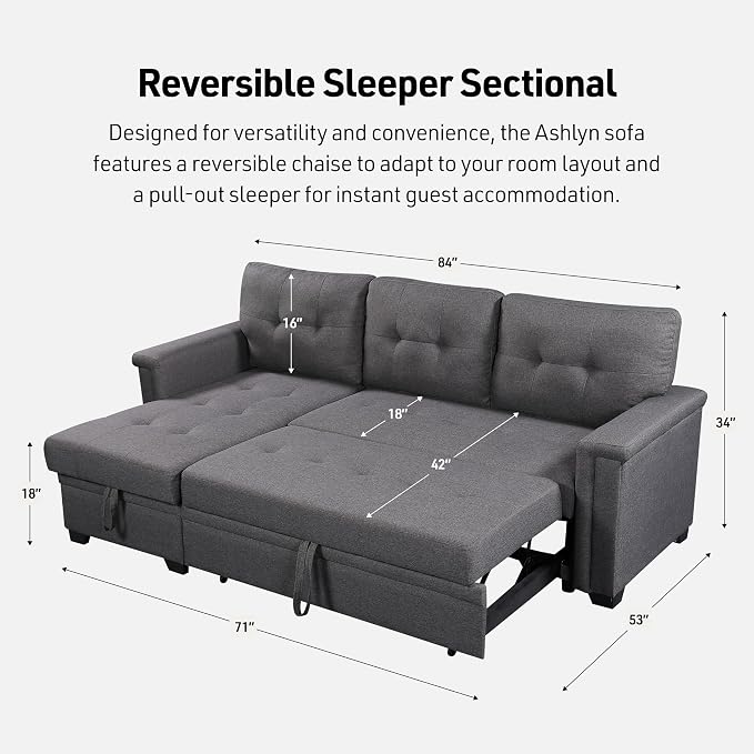 Lilola Home Ashlyn 84-inch Wide Dark Gray Linen Fabric Reversible Sleeper Sectional Sofa with USB Charging Ports – Convertible Pull-Out Bed, Storage Chaise, Side Pockets, and Medium Firm Cushioning