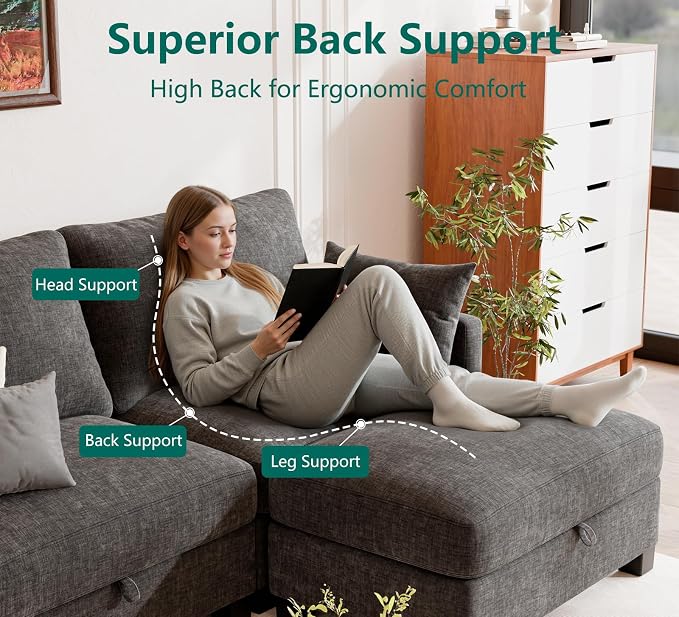 Modular Sectional V Shaped Sofa Couches for Living Room, Cloud Couch with Storage Ottoman, Comfy Chenille Sofa with Pillow, Dark Gray
