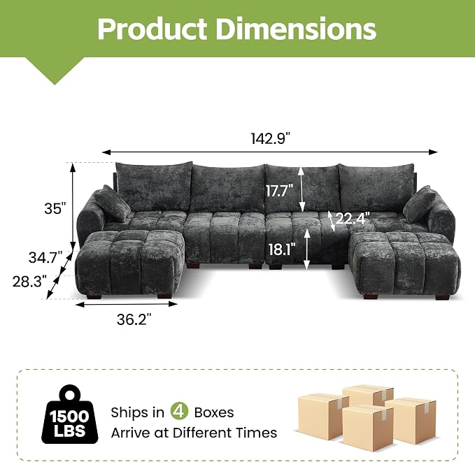 143" Oversized U Shaped Cloud Modular Sectional Sofa, Modern Chenille Upholstered 6 Seater Couch with 2 Removable Ottomans, Tufted Deep Seat & Wood Legs, Large Grey Sectional Couches for Living Room