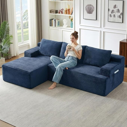 96" Cloud Sectional Couch with L-Shape Chaise, Modular Comfy Sofa Chaise Longue, Upholstered Corduroy Couches Sleeper with Deep Seat for Living Room Bedroom, No Assembly Required(Blue, Left Facing)