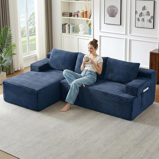 96" Cloud Sectional Couch with L-Shape Chaise, Modular Comfy Sofa Chaise Longue, Upholstered Corduroy Couches Sleeper with Deep Seat for Living Room Bedroom, No Assembly Required(Blue, Left Facing)