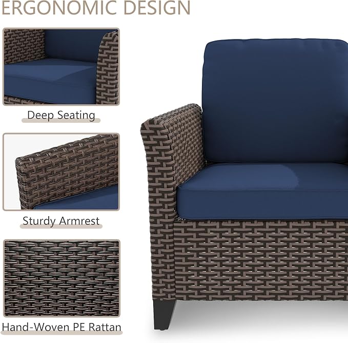 3 Pieces Patio Furniture Set, Outdoor PE Wicker High Back Couch & 2 Rattan Ottomans, All Weather Patio Set with Waterproof Cushion for Porch, Backyard and Deck