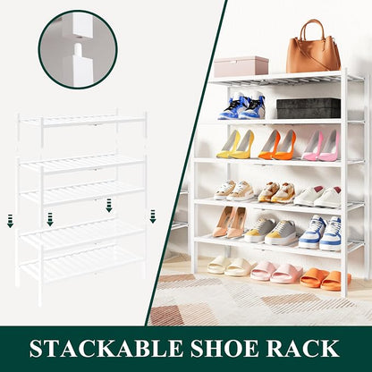 Smiry Bamboo Shoe Rack, 3 Tier Free Standing Wooden Shoe Organizer, Stackable Wood Shoe Storage Shelf for Closet, Entryway, 14 Vertical Slats, 2+1 Stack Heavy-Duty Legs, 26.8"x11"x19.5", White