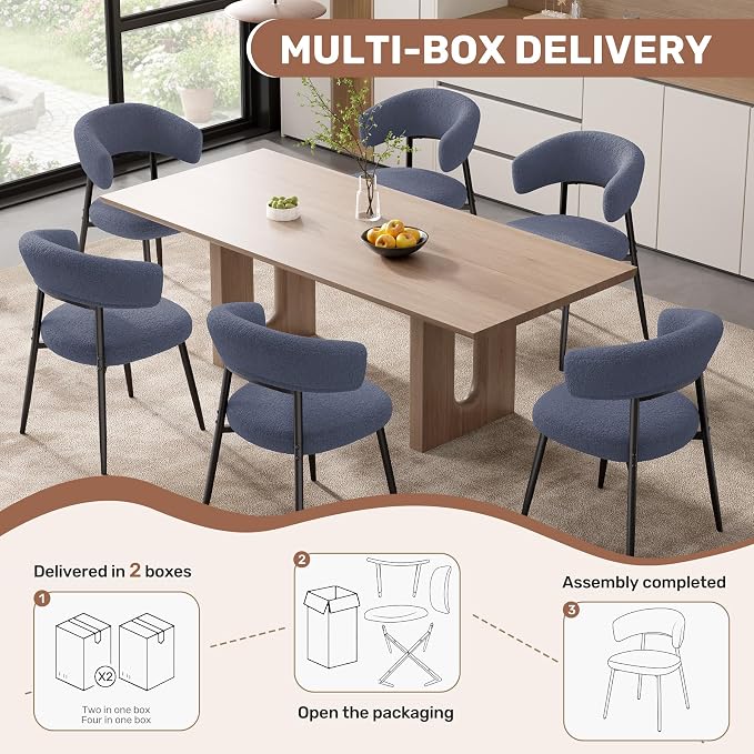 Dining Chairs Set of 2, Mid Century Modern Kitchen Chairs, Boucle Upholstered Dining Chair with Curved Backrest & Metal Legs for Kitchen Dining Room, Dark Blue