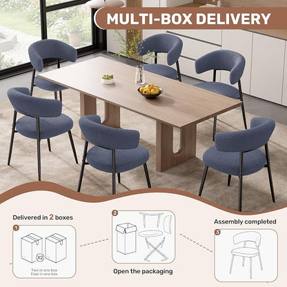 Dining Chairs Set of 4, Mid Century Modern Kitchen Chairs, Boucle Upholstered Dining Chair with Curved Backrest & Metal Legs for Kitchen Dining Room, Dark Blue