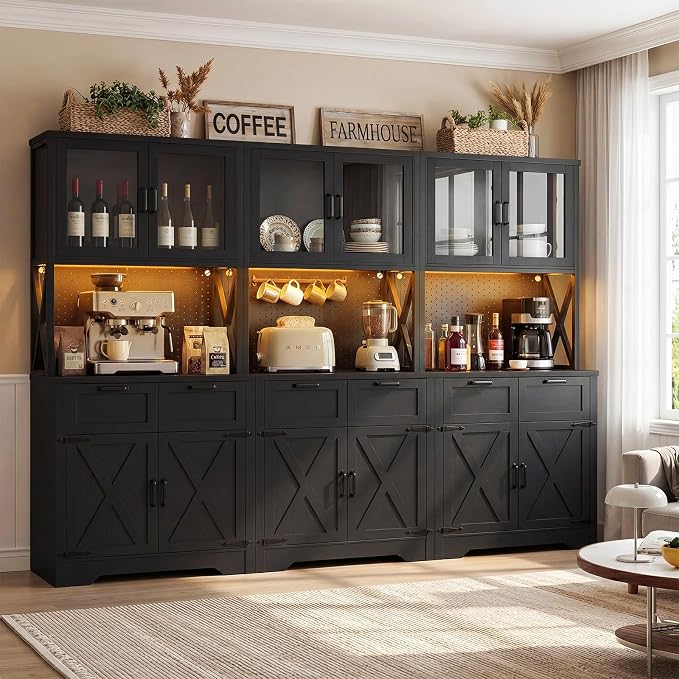 Unikito 94.5" Extra Wide Kitchen Pantry Cabinet with 3 Power Outlets & LED Light, 71" Tall Large Kitchen Hutch Cabinet with Countertop, DIY Pegboard with Hooks & Drawers, Farmhouse Food Pantry, Black