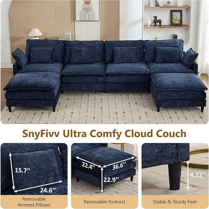 113" Chenille Modular Sectional Sofa, Convertible L Shaped Modular Sofa Comfy Cloud Couch with Ottoman, Side Pockets and 5 Throw Pillows for Living Room (Blue, 150.6" - 6 Seats)