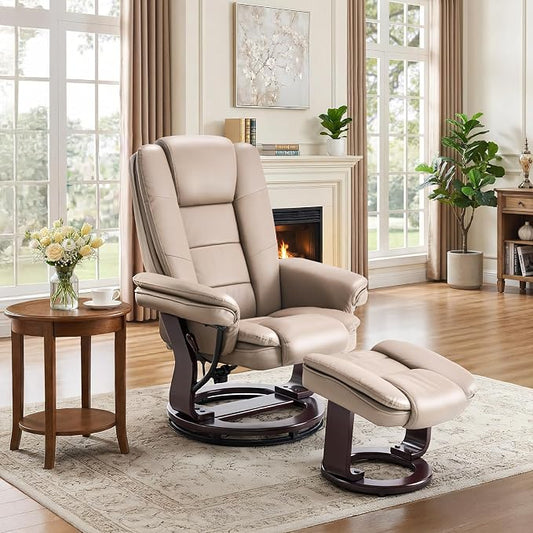 Swivel Recliner Chair with Ottoman Reclining Lounge Sofa Footrest, Set of 1 | 360°Sturdy Wood Base, Soft PU Leather, Upholstered Ultra-Plush Foam, Modern Armchair, Living Room Bedroom Office Reading Home