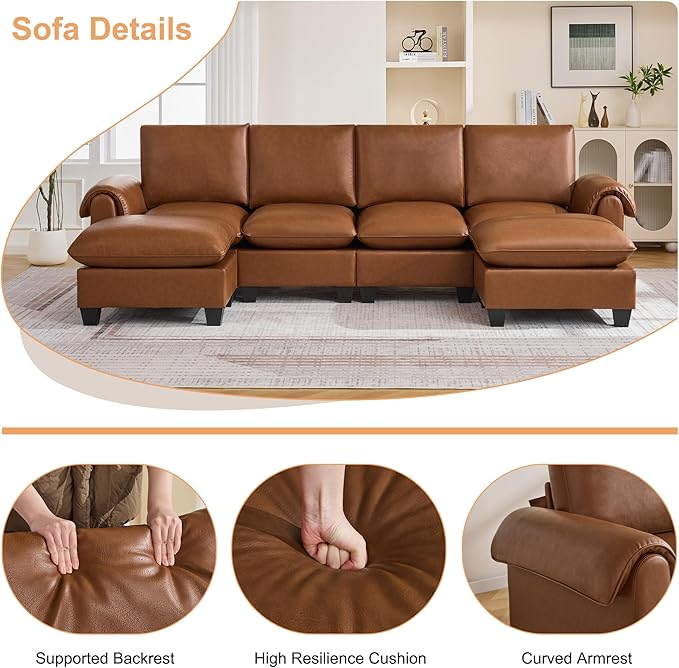 118" Faux Leather Modular Sectional Sofa with 2 Ottoman, Oversized 4 Seater Couch with Curved Armrests, Cloud Modern U-Shaped Sofa Deep Seat for Living Room, Brown